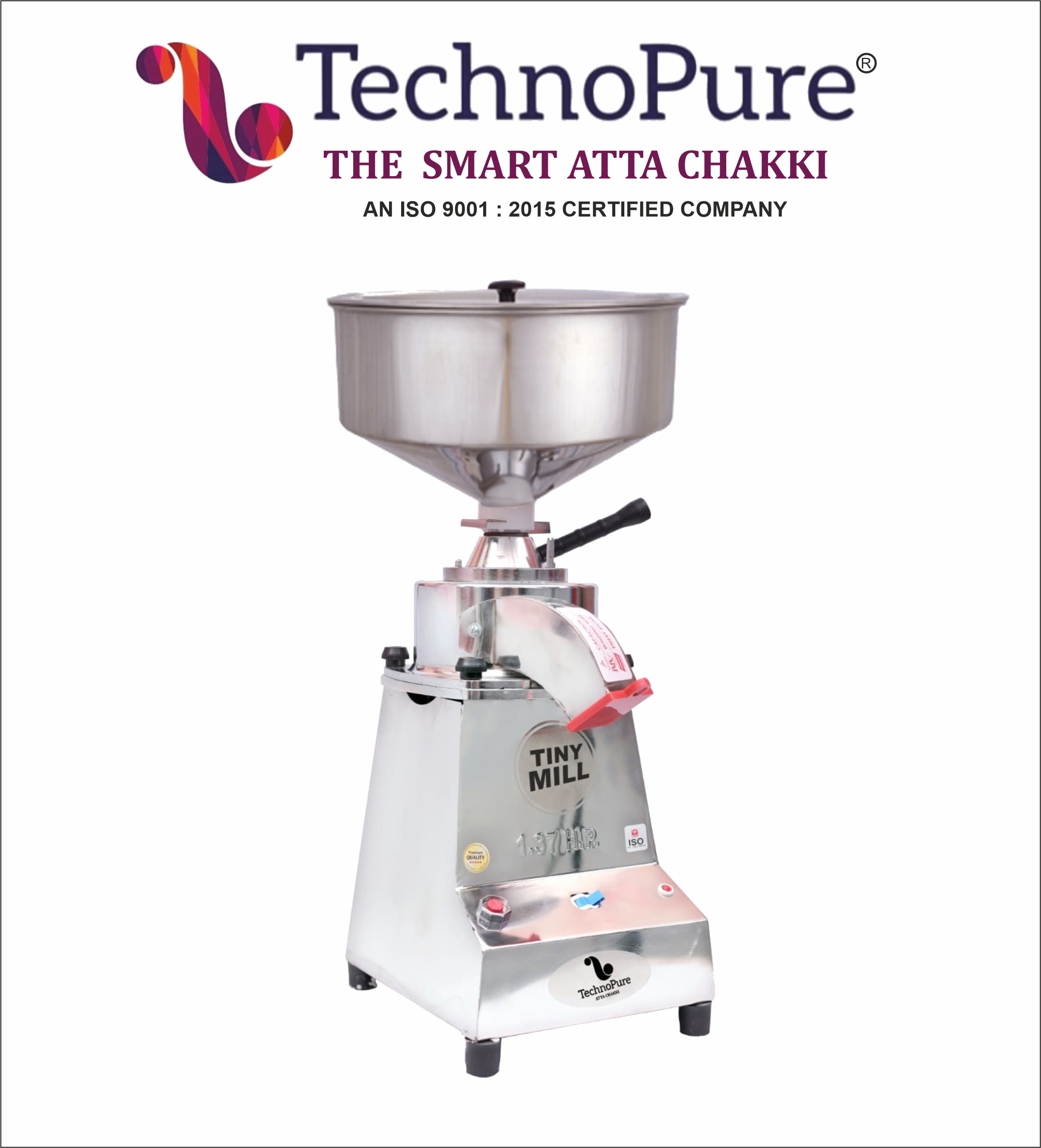 TechnoPure Automatic Light Weight Small Domestic Flour Mill Machine for Home, Gharghanti Smart Atta Chakki 1.37HP Motor with 100% Copper Wire, Mini Gharelu Aata Chakki, 8-15 Kg/Hour Flour Mill (Tiny Mill)
